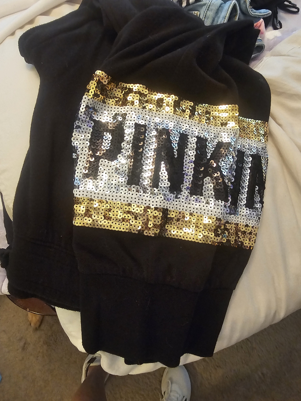PINK Victoria's Secret Black Hoodie And Pants with Gold & Silver Sequin Trim - Picture 6 of 7